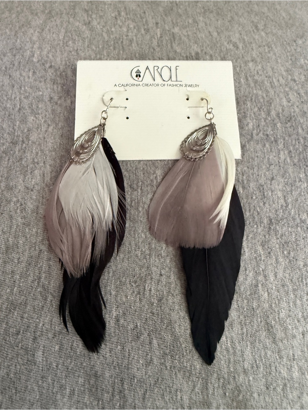 Carole Feather Drop Earrings in Black & Taupe
